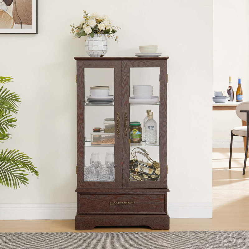 Glass Cabinet Lighted Glass Cabinet Curio Display Cabinet With Adjustable Glass Shelves 2 Doors And 1 Drawer Cabinet Bulb Included Cherry